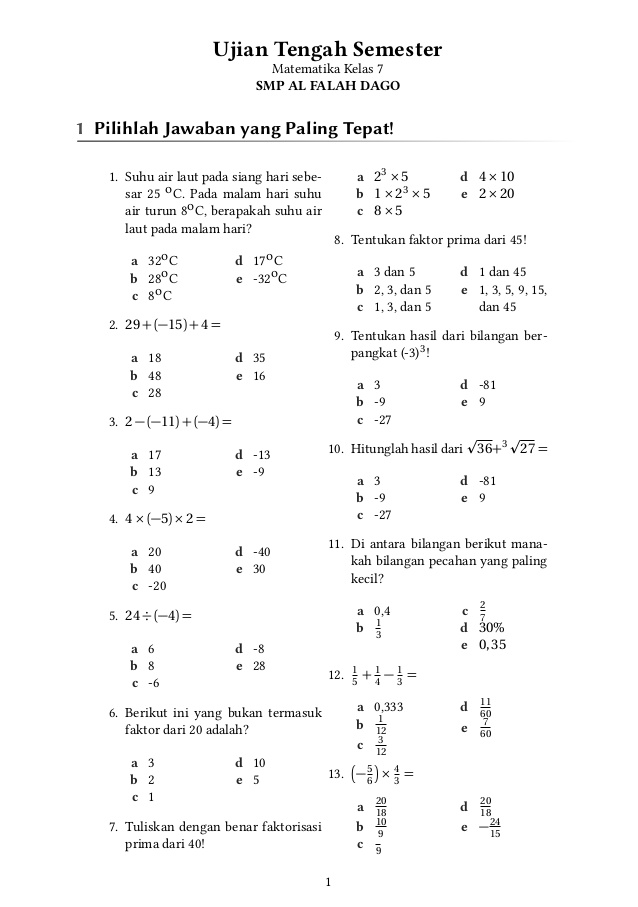 Soal matematika k13 kelas 7